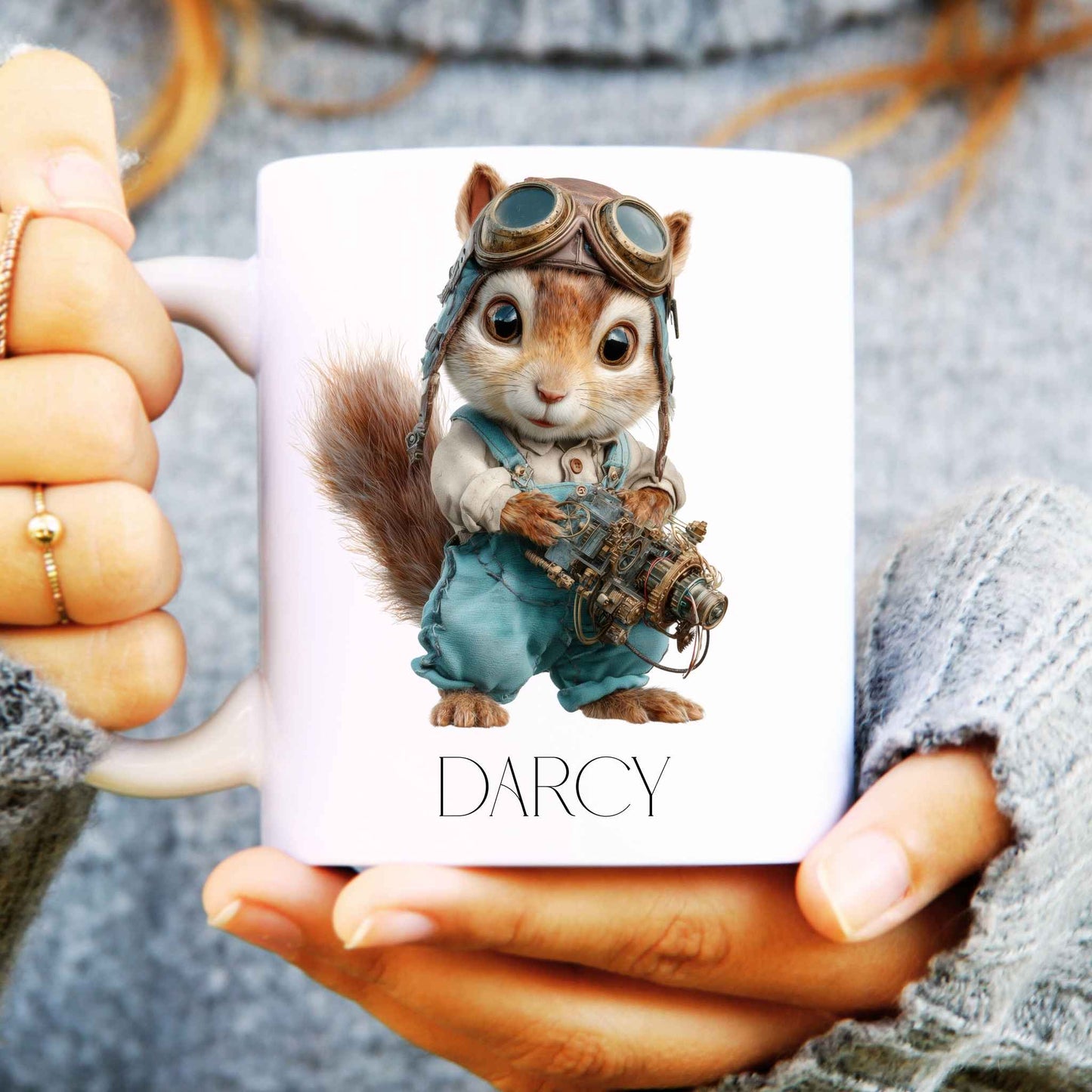 Steampunk squirrel with personalisation on a ceramic coffee mug.