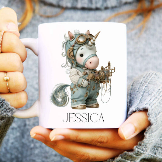 Lady holding a white ceramic coffee mug with a steampunk unicorn and personalised.