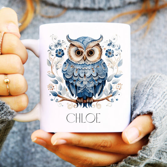 Personalised ceramic mug featuring a vibrant watercolour owl design, customised with the name "Chloe" for a unique touch.