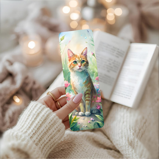Bookmark with a ginger cat design held by a person wearing a white sweater.