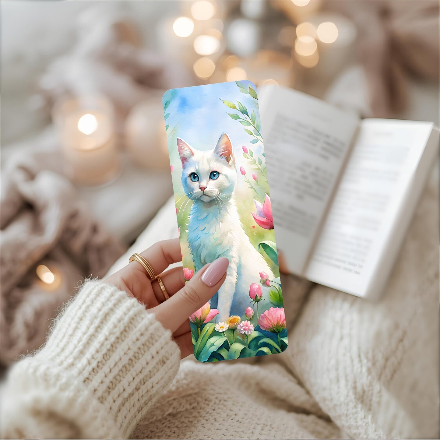 Person holding a bookmark with a cat design, surrounded by soft lighting and cosy fabric.