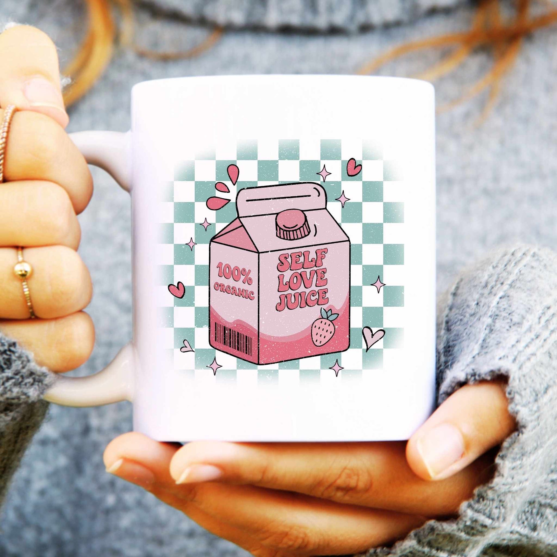 Mug with a gingham illustration background and carton with text reading "Self love Juice"