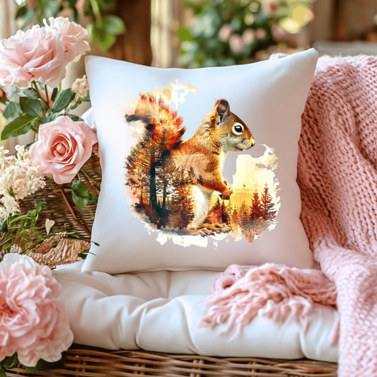 Decorative pillow with a squirrel design on a surface with flowers and a blanket.