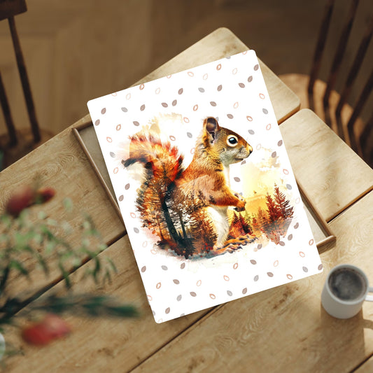 Print of a squirrel on a wooden table with a blurred background
