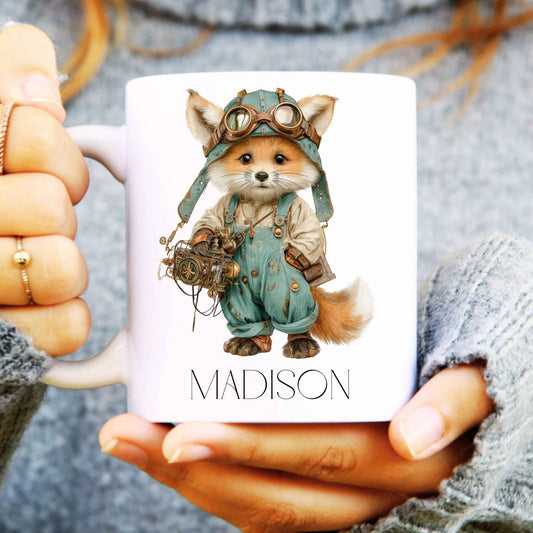Steampunk fox on a white mug with a name showing personalisation.
