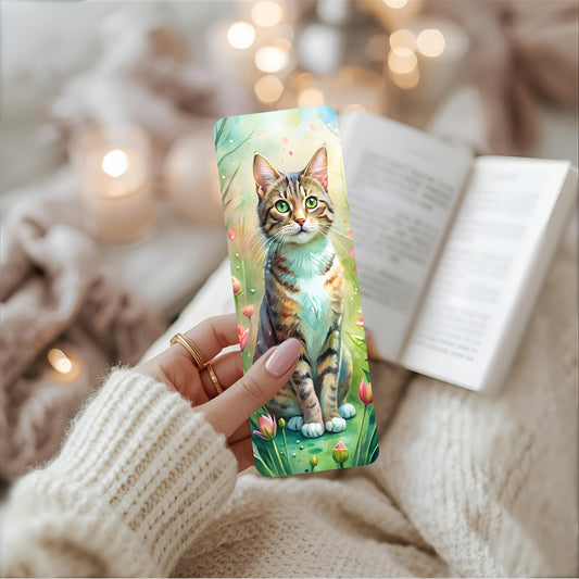 Bookmark with a tabby cat design held by a person in a cosy setting.