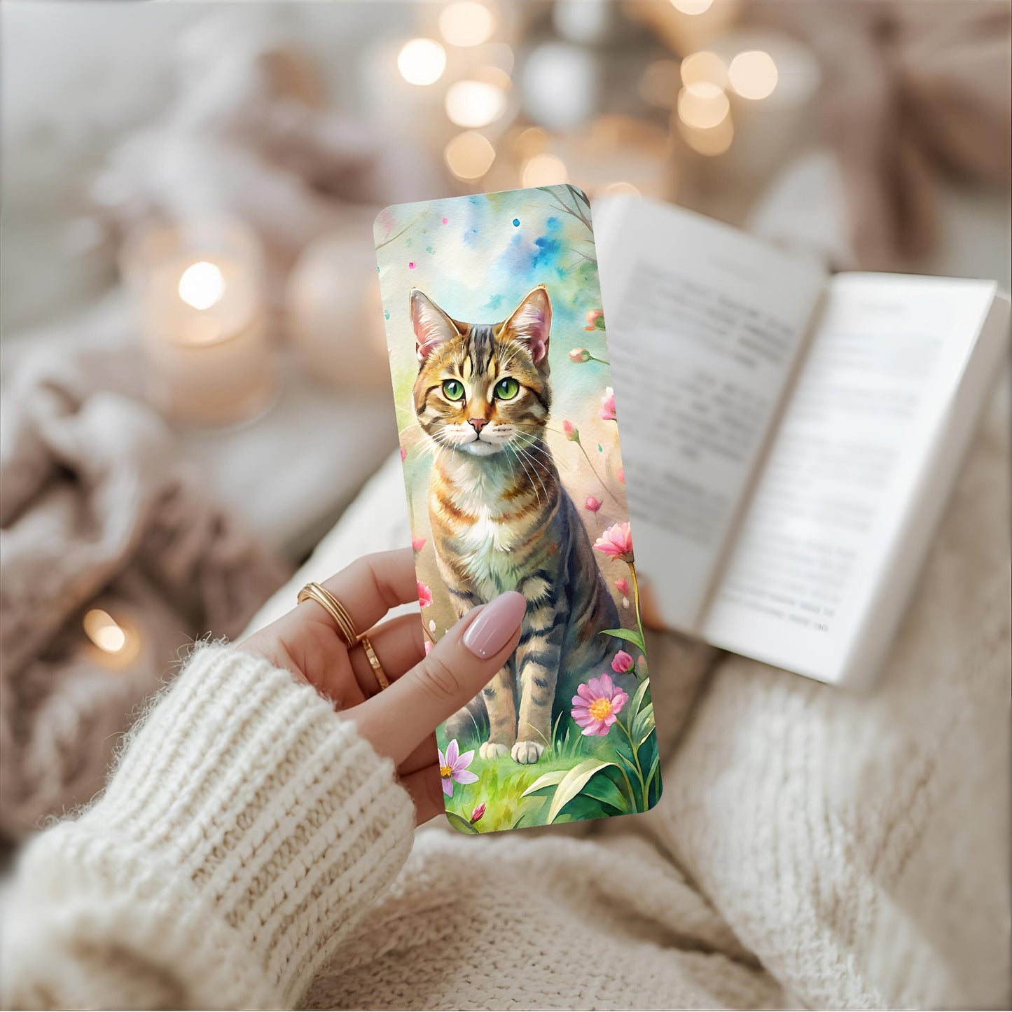 Person holding a tabby cat bookmark with a book in the background