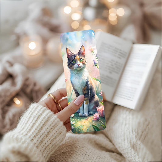 Person holding a tabby cat bookmark with floral elements.