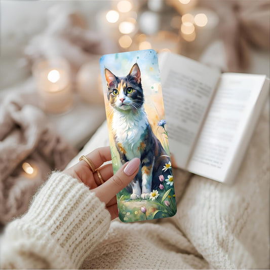 Person holding a bookmark with a feline design, surrounded by soft lighting and cosy background.