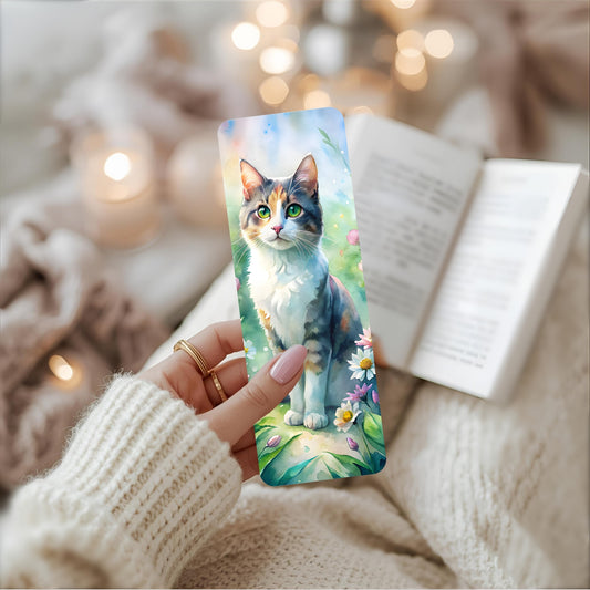 Person holding a tortoiseshell bookmark with a cat design, surrounded by soft lighting and floral accents.