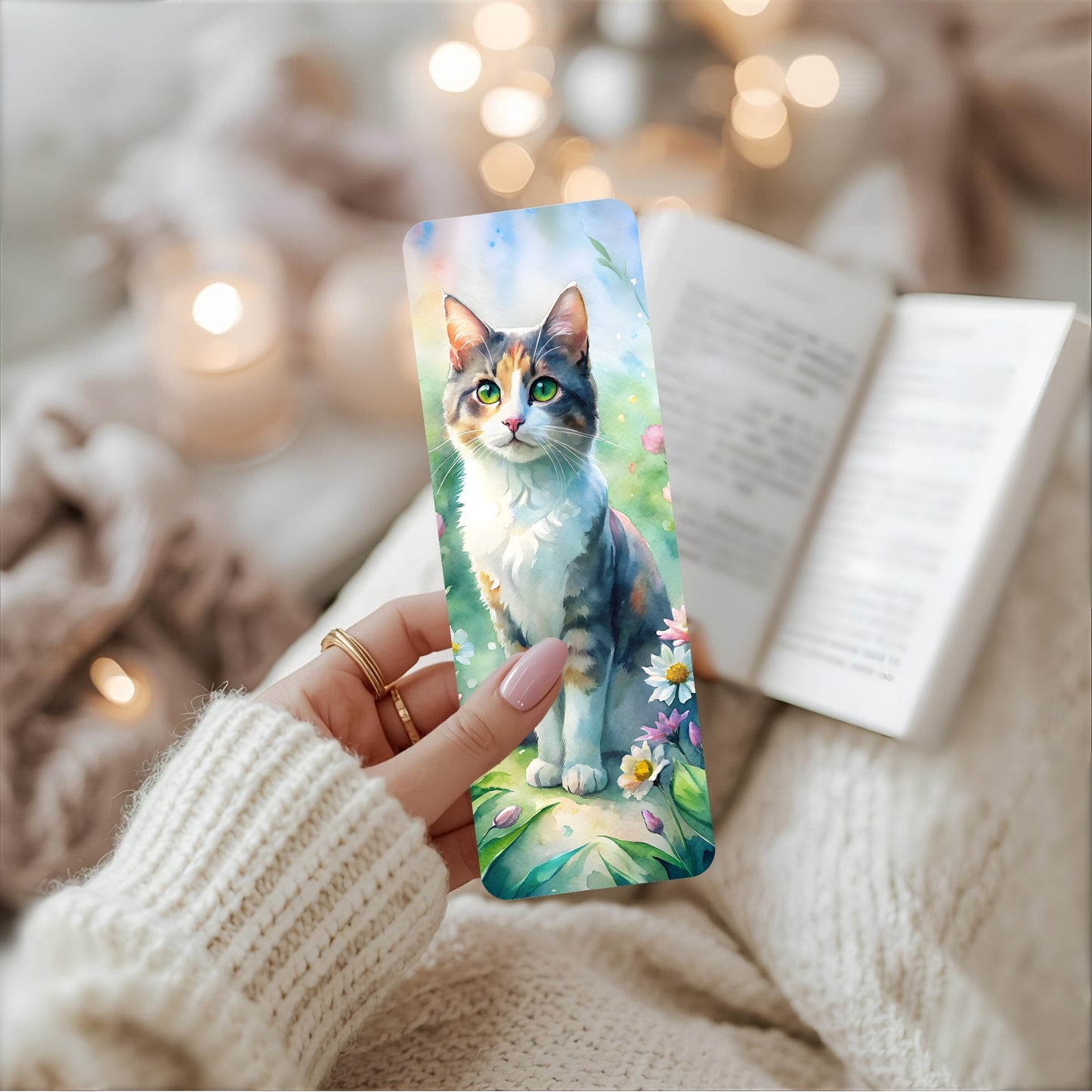 Person holding a bookmark with a cat design, surrounded by soft lighting and cosy background.