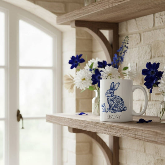 White mug with blue hare design on a wooden shelf with flowers