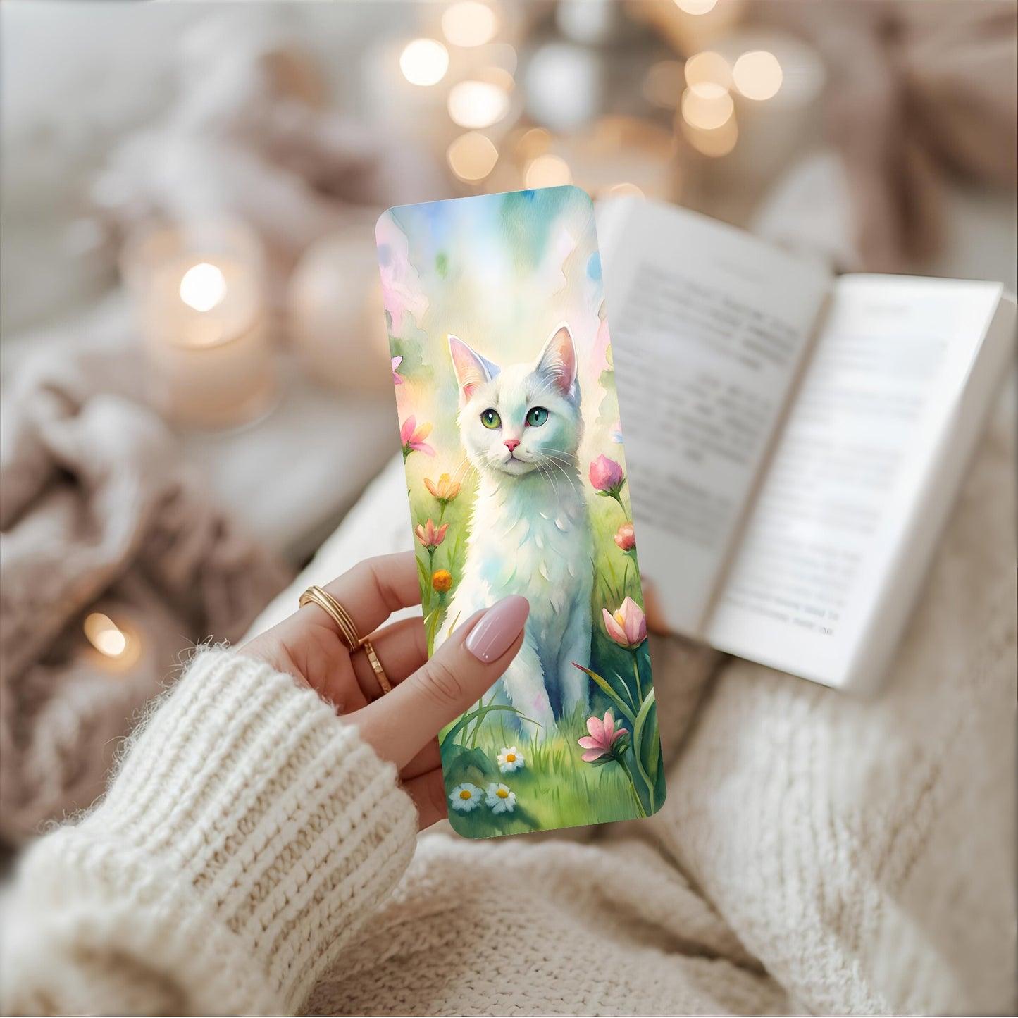 Person holding a metal bookmark with a white cat design.