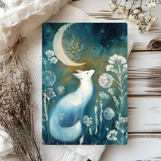 White fox greetings card with floral elements and the moon.
