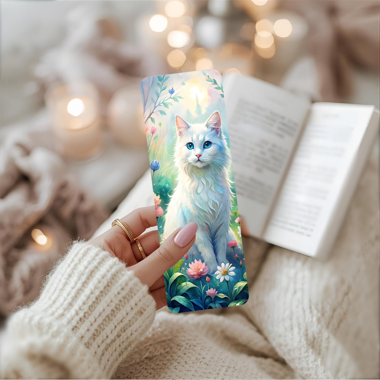 Person holding a bookmark with a white cat design, surrounded by soft lighting.