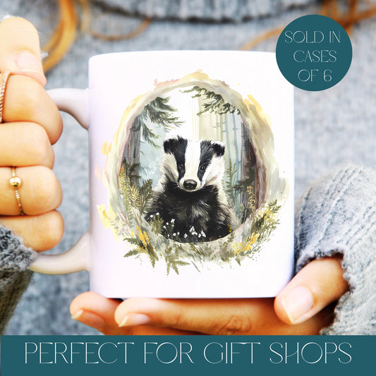 Mug with a badger design held by a person, with text about cases of 6 and gift shops, wholesale.