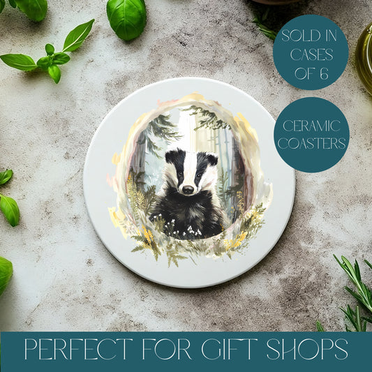 Ceramic coaster with badger design on a textured surface with basil leaves.