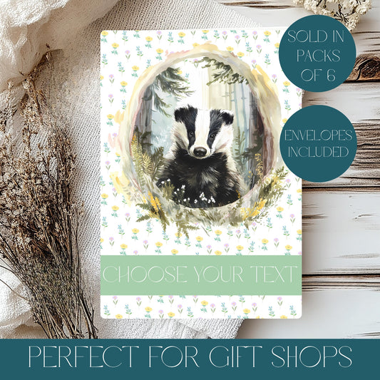 Card with badger illustration and text 'Choose your text' on a natural background. Wholesale packs of 6