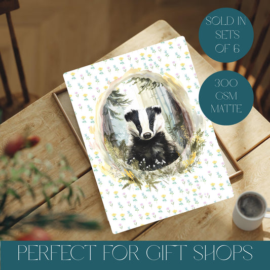 Print with a badger design on a wooden surface, surrounded by text about product details.
