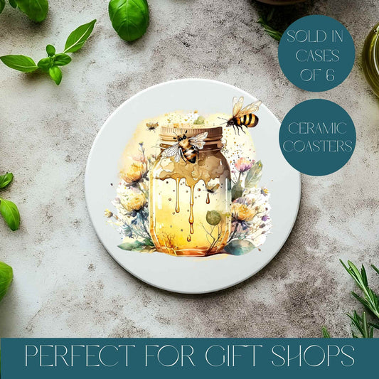 Ceramic coasters on a textured background with pretty honey bees and honey pot, text reads, sold in cases of 6