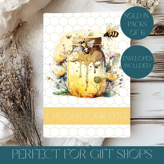 Bee greeting card with text, choose your text and sold in packs of 6, perfect for gift shops.