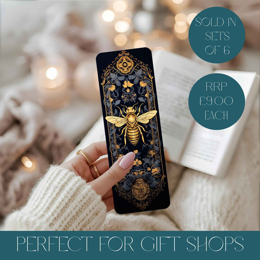 Beautiful bee bookmark in a stunning design, text reads sold in sets of 6 and perfect for gift shops.