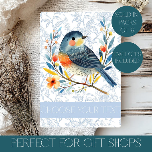Greeting card with a bird design on a floral background, surrounded by natural elements. Wholesale pack of 6
