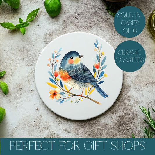 Pretty bird coaster on a stone background with text saying sold in cases of 5, ceramic coasters and perfect for gift shops.
