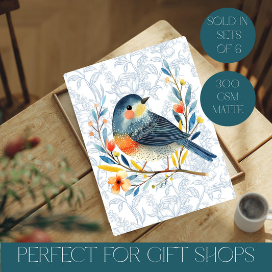 Print with a bird design on a wooden surface with text about quantity and material.