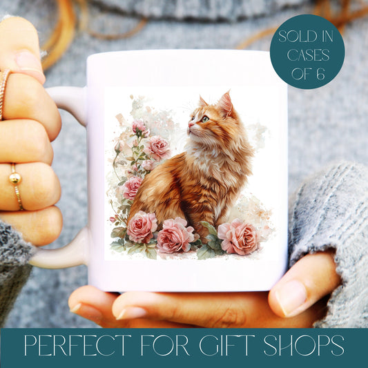 Mug with a cat and floral design held by a person, with text about cases of 6 and gift shops.