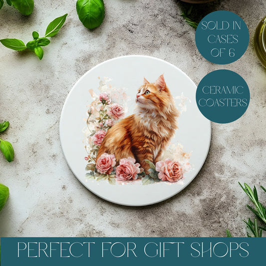 Ceramic coaster with a cat and floral design on a textured surface with herbs.