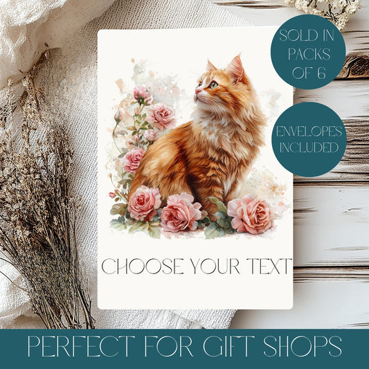 Greeting card with a cat and flowers on a textured surface. Wholesale pack of 6 personalised.
