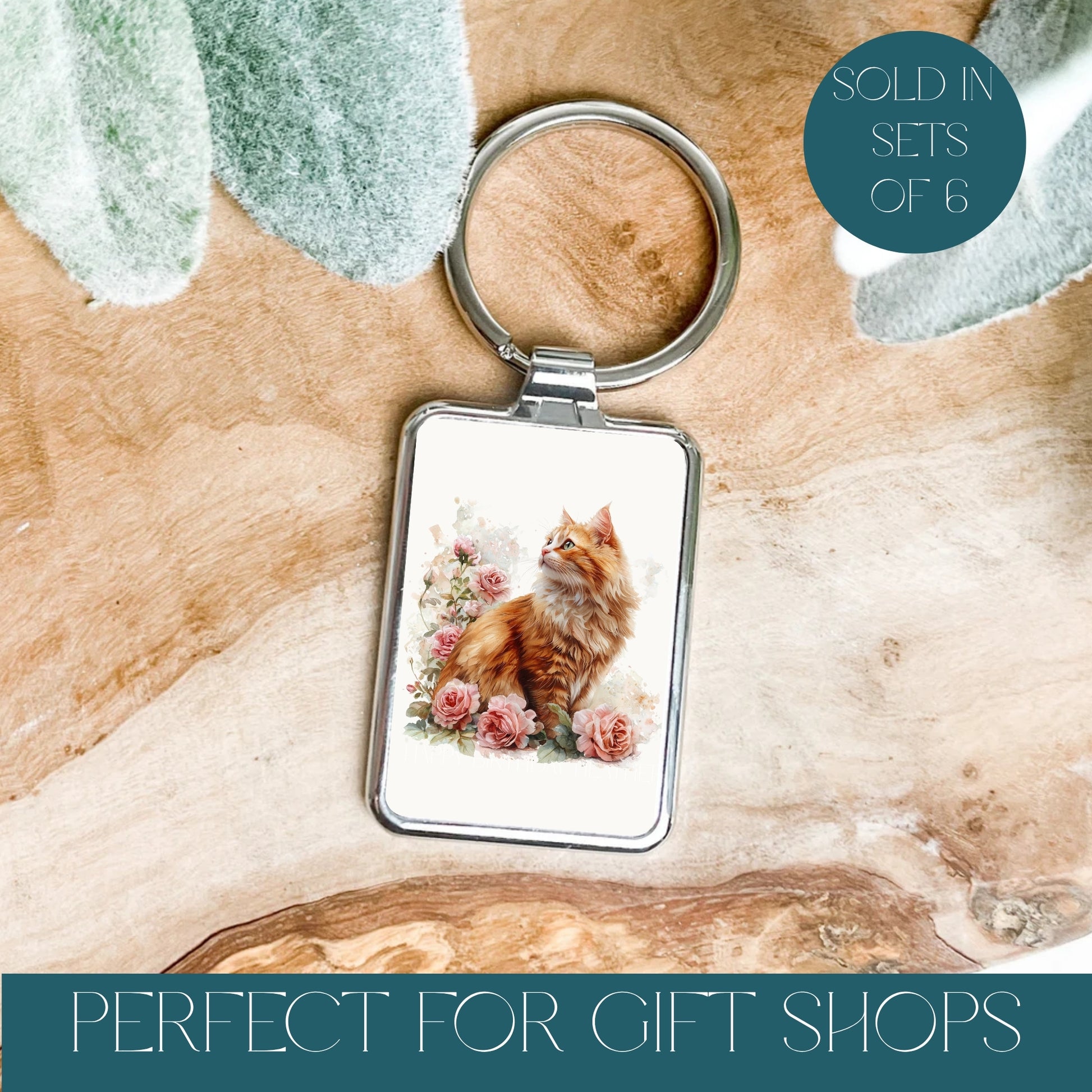 Silver keyring with a pretty cat and flowers, text reads perfect for gift shops and sold in sets of 6