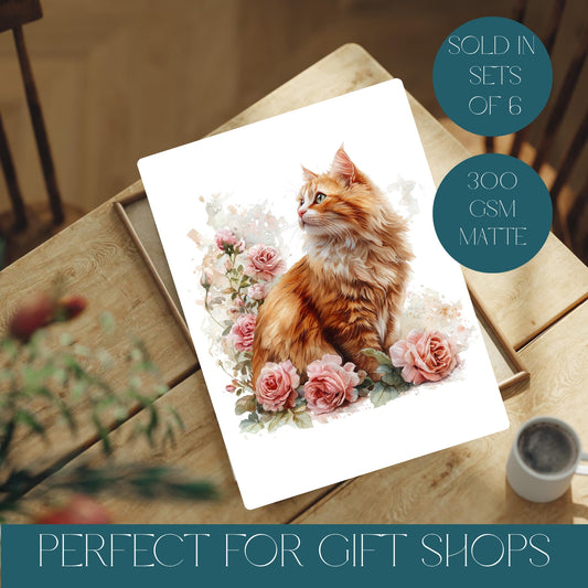 Print of a cat surrounded by flowers on a wooden surface with promotional text.