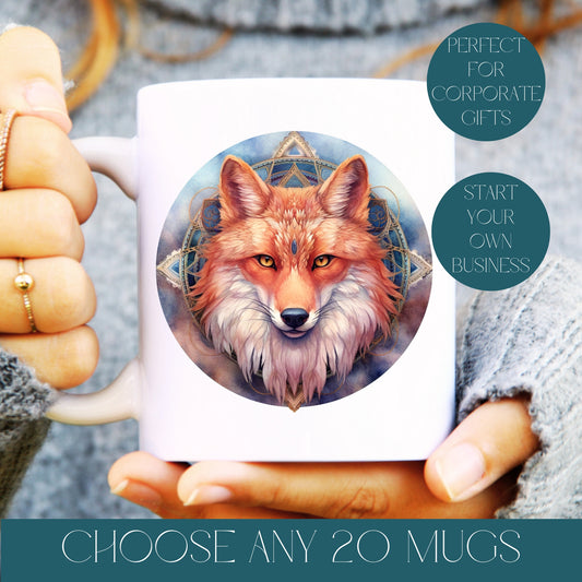 Person holding a mug with a fox design, promotional text about corporate gifts and business opportunities.