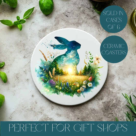 Ceramic coaster with a hare design on a textured surface with herbs.