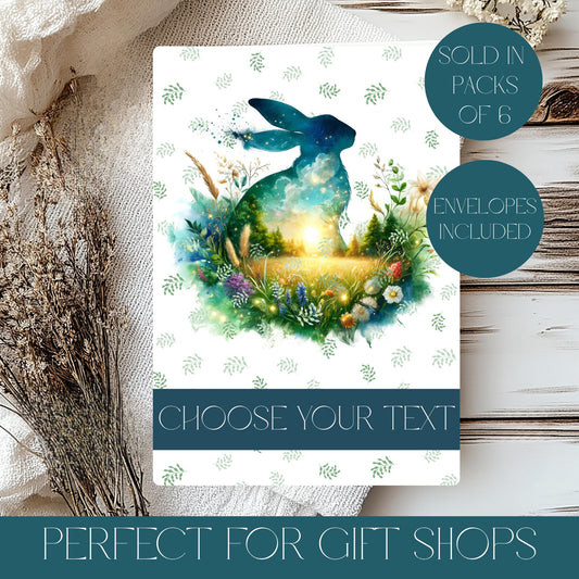 Greeting card with rabbit design and text option, sold in packs of 6 with envelopes included.