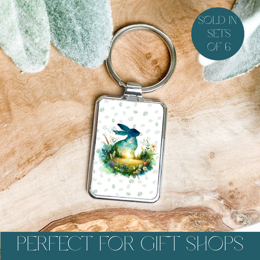 Beautiful hare with nature keyring, text reads sold in sets of 6 and perfect for gift shops