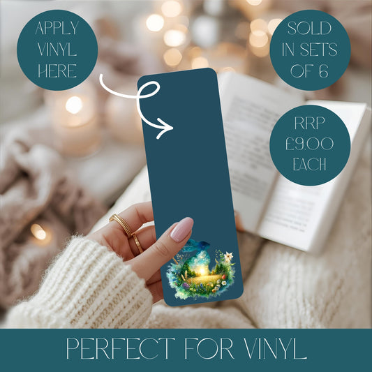 Hand holding a blue bookmark with a hare design, applied to a product, with text indicating great for vinyl application.