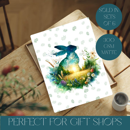 Print with a blue hare and floral design on a wooden surface with text about quantity and material.