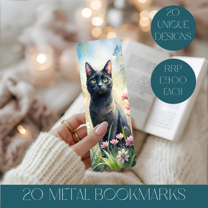 Metal bookmark with a black cat design held by a hand, with a blurred background of books and lights. Text reads 20 unique designs, RRP £9.00 each