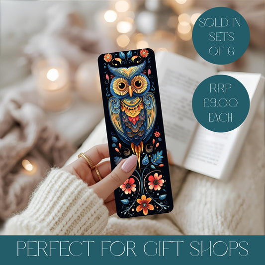 Hand holding a colourful owl bookmark with decorative elements, text reads sold in sets of 6 and RRP £9.00 each. Wholesale.