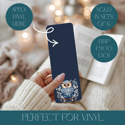Bookmark with owl design held by a person, with text about vinyl application and pricing.