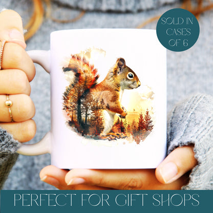 Mug with a squirrel design held by a person, with text about cases of 6 and gift shops.