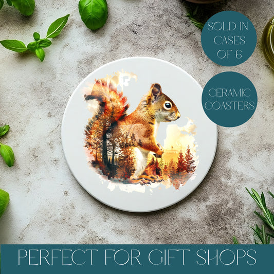 Ceramic coaster with a squirrel design on a textured surface with basil leaves. Text reads sold in cases of 6 and perfect for gift shops.
