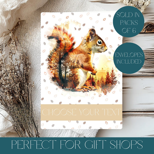 Greeting card with a squirrel design on a white background, surrounded by decorative elements, for wholesale.