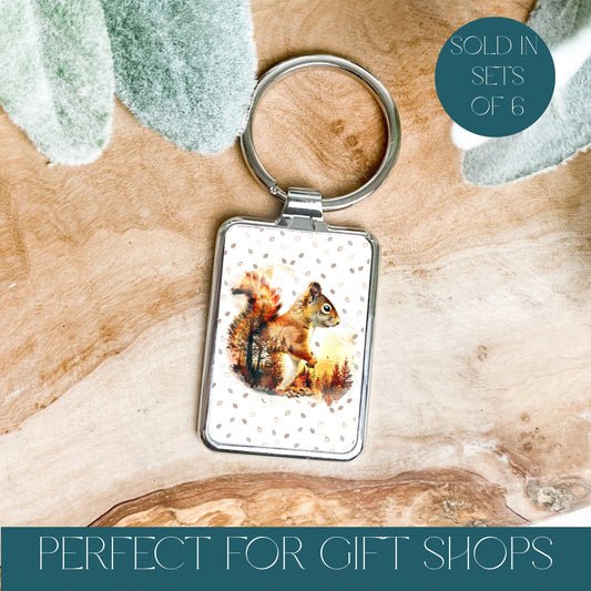 pretty squirrel with nature keyrings, text reads sold in sets of 6 and perfect for gift shops.