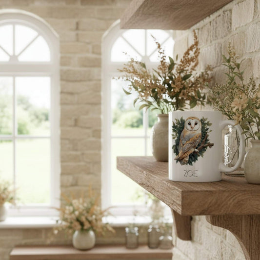 Mug with owl design on a wooden shelf in a bright room with stone walls and large windows.